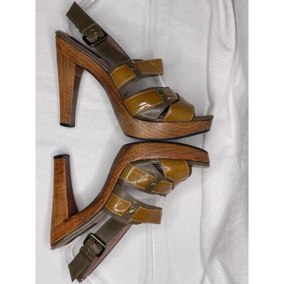 Derek Lam Orange Brown Patent Leather Slingback Platform Wooden Heel Sandals 8.5 - Picture 5 of 11